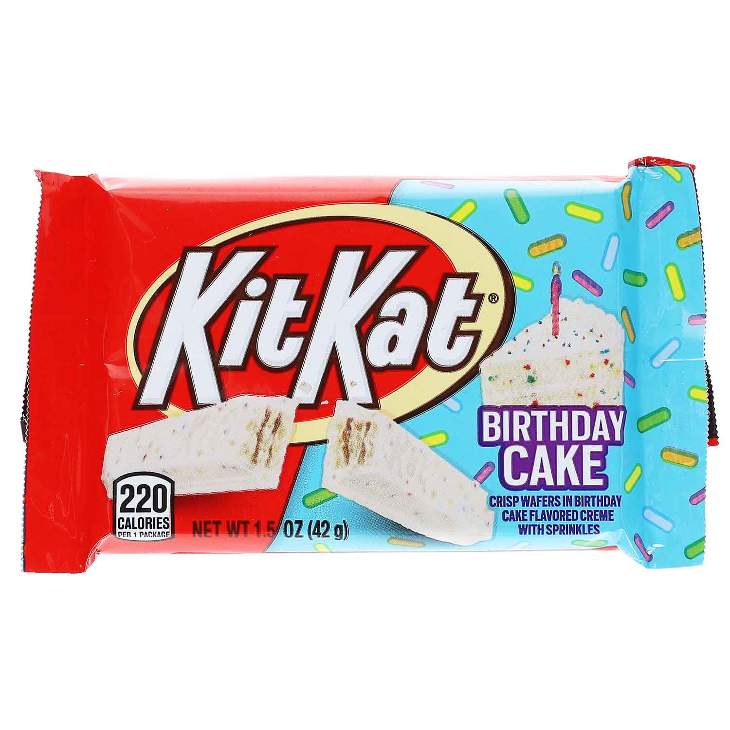 KitKat Birthday Cake 42g Knusperwaffel in weißer Kuvertüre mit Karamellnote und bunten Streuseln